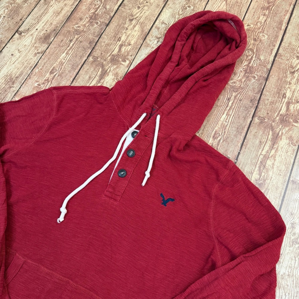 American Eagle Heritage Thermal Hoodie Mens Medium Red Henley Pullover Slub